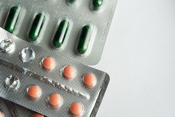 Pharmaceutical blister packs with diverse medications.