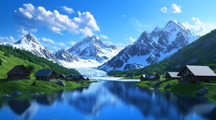Fototapeta premium Mountain Lake Village Serenity - Peaceful mountain lake scene with charming wooden cabins nestled amongst lush green hills and snow-capped peaks. A perfect tranquil landscape.
