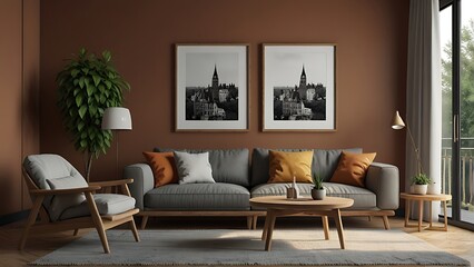 Frame mockup, ISO A paper size. Living room wall poster mockup. Interior mockup with house background. Modern interior design. 3D render