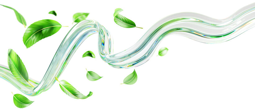 3d water splash with green tea or mint leaves isolated on transparent background png render. Abstract liquid wave curve fluid flow with leaf for menthol drink or mouthwash Ad banner. 3D illustration