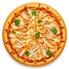 Thai Chicken pizza - peanut sauce, mozzarella, chicken, carrots, bean sprouts