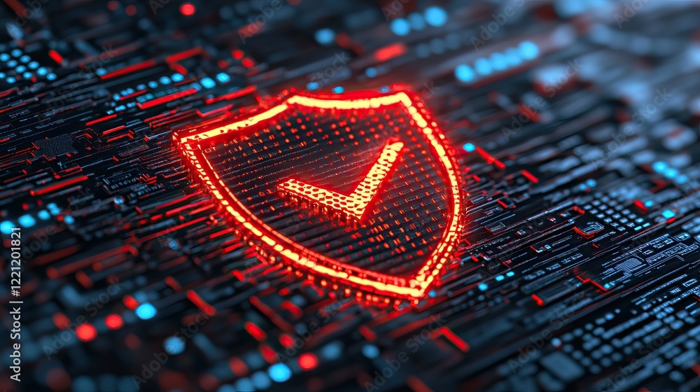 Poster a glowing shield icon with a check mark, set against a digital background, symbolizing security and 
