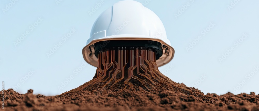Poster a construction helmet appears to spill soil, creating an intriguing visual metaphor for labor and ea