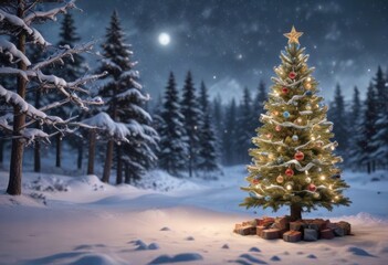 Fototapeta premium Snowy Christmas tree decorated with lights and ornaments against a winter backdrop, ornaments, snow