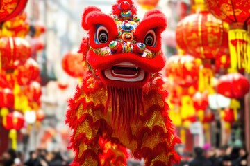 Vibrant Dragon Dance During Lunar New Year Celebration with Red Lanterns - A Symbol of Good Luck and Prosperity in Asian Culture.