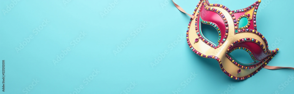 Poster colorful carnival mask lies on a light blue background amidst empty space in this simple yet elegant