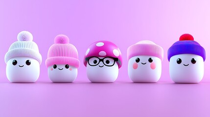 Adorable Marshmallow Characters Wearing Winter Hats