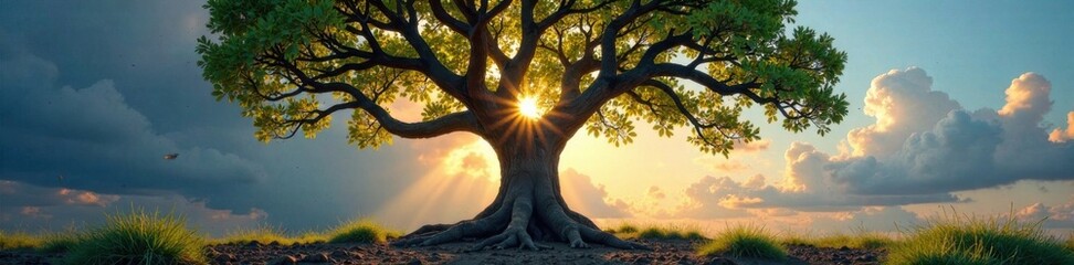 A tree with intertwined branches and roots symbolizing strong family bonds, unity, parental affection