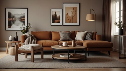 Mockup poster frame on the wall of living room. Luxurious apartment background with contemporary design. Modern interior design. 3D render, 3D illustration
