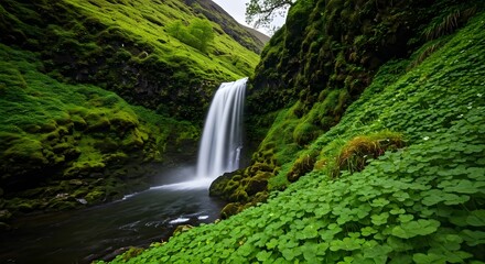 A beautiful waterfall surrounded by lush greenery and clovers in an Irish valley, AI Generated
