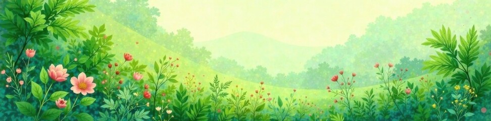 Soft pastel colors blended with watercolor technique to depict lush greenery, garden, watercolor