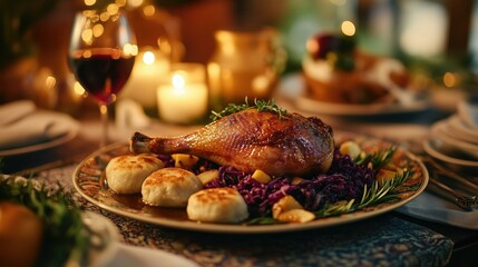 Roasted duck leg with dumplings, red cabbage, rosemary, thyme, and wine on dining table