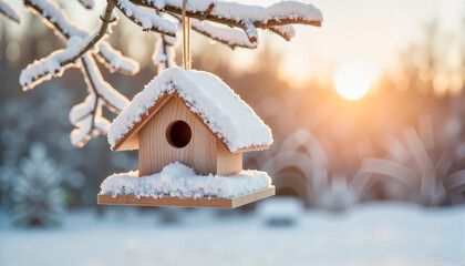 Naklejka premium Snow-covered birdhouse hanging on branch at sunset, Wind Chill Factor theme