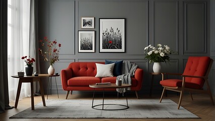 Interior design of modern and cozy living room interior with mock up poster frame, red armchair, wooden coffee table, pillows, vase with flowers and personal accessories. Home decor. Template.