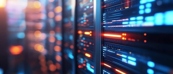 Futuristic data center with glowing servers.