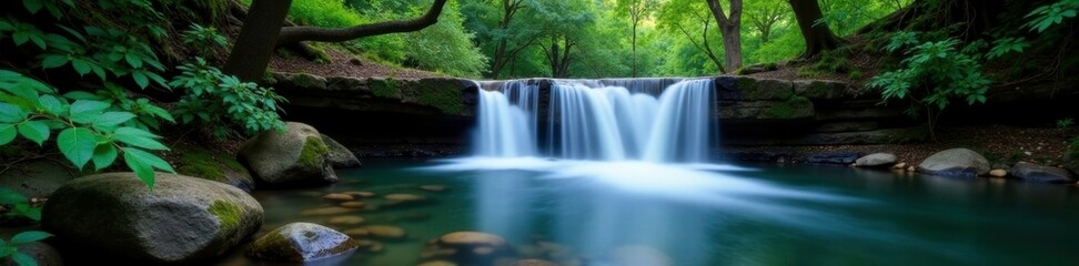 Obraz premium Gentle waterfalls cascade into a serene forest pool at dusk, peaceful, forest, waterfall