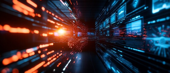 Futuristic digital tunnel with glowing visuals.