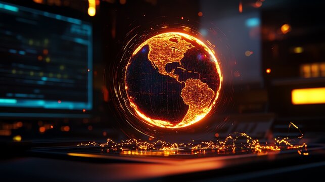 Futuristic digital globe with fiery elements.