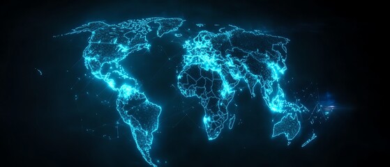 Futuristic glowing world map illustration.