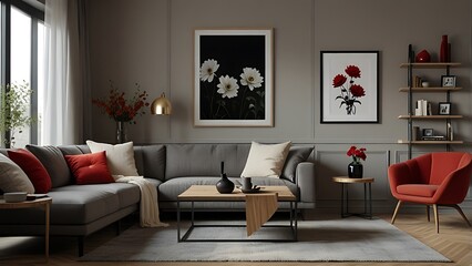 Interior design of modern and cozy living room interior with mock up poster frame, red armchair, wooden coffee table, pillows, vase with flowers and personal accessories. Home decor. Template.