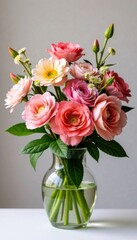 Fototapeta premium Beautifully arranged mixed flowers in a vase , carnations, baby's breath