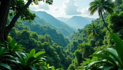 Fototapeta premium sprawling forest with dense tropical vegetation, plants, greenery