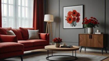 Interior design of modern and cozy living room interior with mock up poster frame, red armchair, wooden coffee table, pillows, vase with flowers and personal accessories. Home decor. Template.