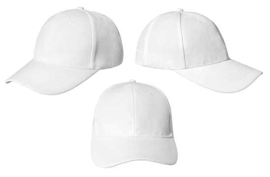 Set of Blank white baseball cap isolated on transparent background. Template Mock up