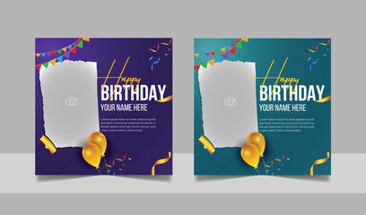 Social media birthday wishes post template, party invitation or greeting card, happy anniversary celebration square flyer web banner story design set