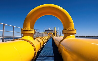 A bright, sunny day showcases a network of large yellow pipelines converging, highlighting industrial infrastructure and energy transportation.
