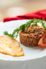 Delicious buckwheat groats with a side of creamy puree and fresh dill. A simple yet elegant dish.