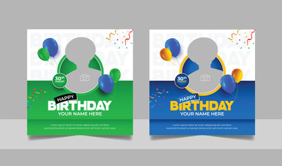 Social media birthday wishes post template, party invitation or greeting card, happy anniversary celebration square flyer web banner story design set