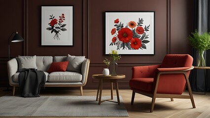 Interior design of modern and cozy living room interior with mock up poster frame, red armchair, wooden coffee table, pillows, vase with flowers and personal accessories. Home decor. Template.