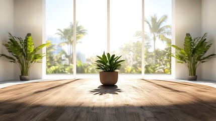 Naklejka premium A small potted plant sits in the center of a large, round wooden table, bathed in sunlight streaming through expansive windows overlooking a lush tropical scene.