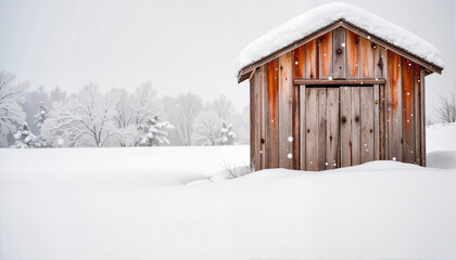 Wooden shed in snowy landscape with falling snowflakes, Wind Chill Factor theme