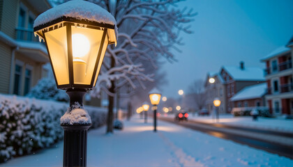 Snow-covered streetlamp in a snowy neighborhood at night, Wind Chill Factor theme