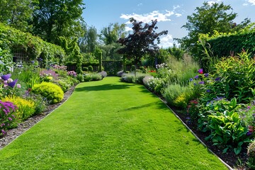 Charming garden with a well-kept lawn, neatly pruned shrubs, and flower beds arranged in tidy rows.
