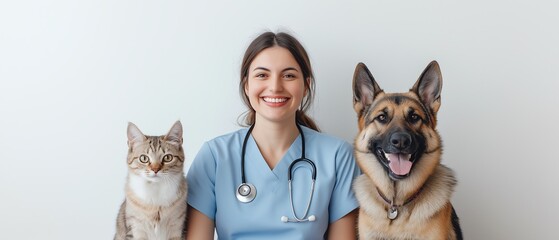 A smiling veterinary professional poses with a cat and a dog, showcasing the bond between pets and their caregivers in a friendly and welcoming environment.