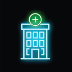 Glowing neon sign of a hospital building with a cross on a black background