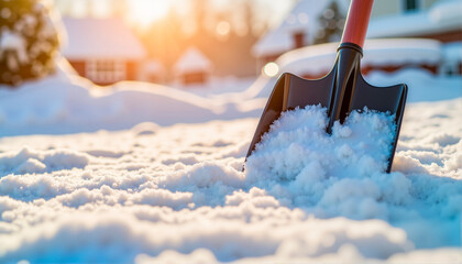 Shovel in fresh snow during sunset, Wind Chill Factor theme