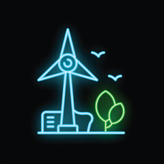 Neon sign depicting a wind turbine generating electricity with green leaves symbolizing environmental sustainability