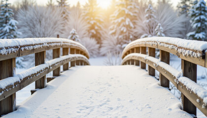 Fototapeta premium Snow-covered bridge with sunlight through winter trees, Wind Chill Factor theme