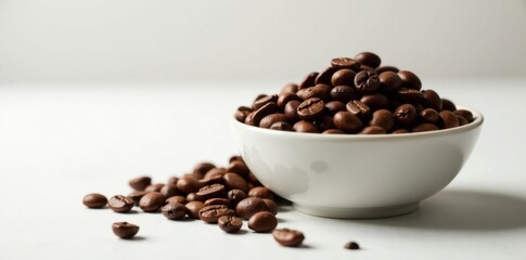 Obraz premium Coffee beans piled high in a shallow bowl on a clean white surface, white surface, coffee beans