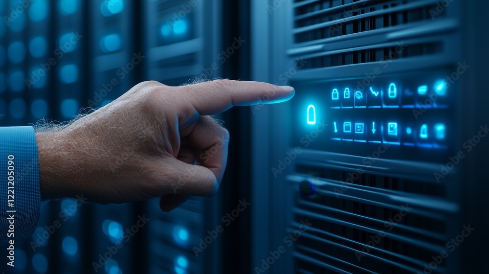 Poster hand activating server button, initiating data processing in a modern center.