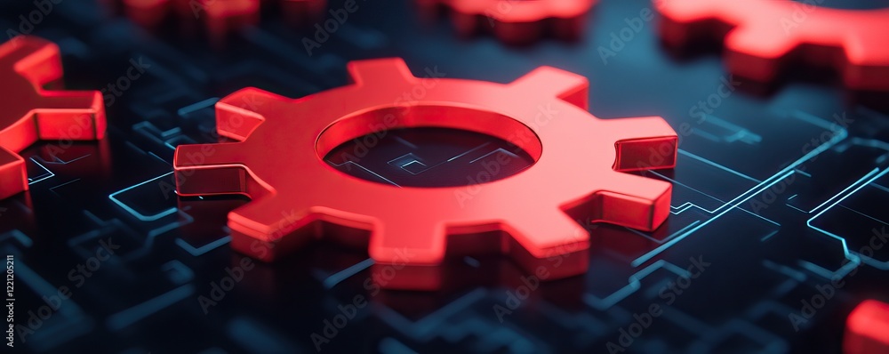 Poster a close-up view of red gears on a digital background, symbolizing technology and engineering in a mo