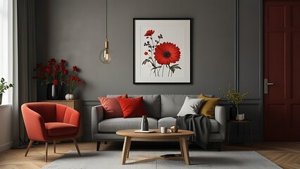 Interior design of modern and cozy living room interior with mock up poster frame, red armchair, wooden coffee table, pillows, vase with flowers and personal accessories. Home decor. Template.