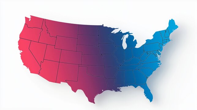 A USA map silhouette with a gradient transition from red to blue, featuring state boundaries and a modern design