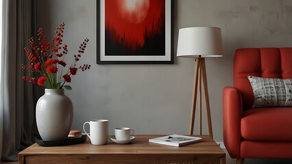 Interior design of modern and cozy living room interior with mock up poster frame, red armchair, wooden coffee table, pillows, vase with flowers and personal accessories. Home decor. Template.
