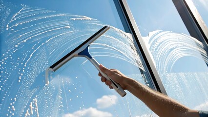 Close-Up of Squeegee Cleaning a Window to Reveal a Clear Blue Sky