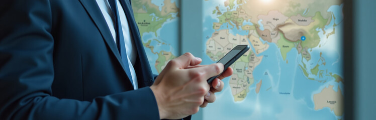 Businessman Uses A Mobile App To Locate Destinations Worldwide By Marking Points On A Digital Map With Gps Coordinates. 00003